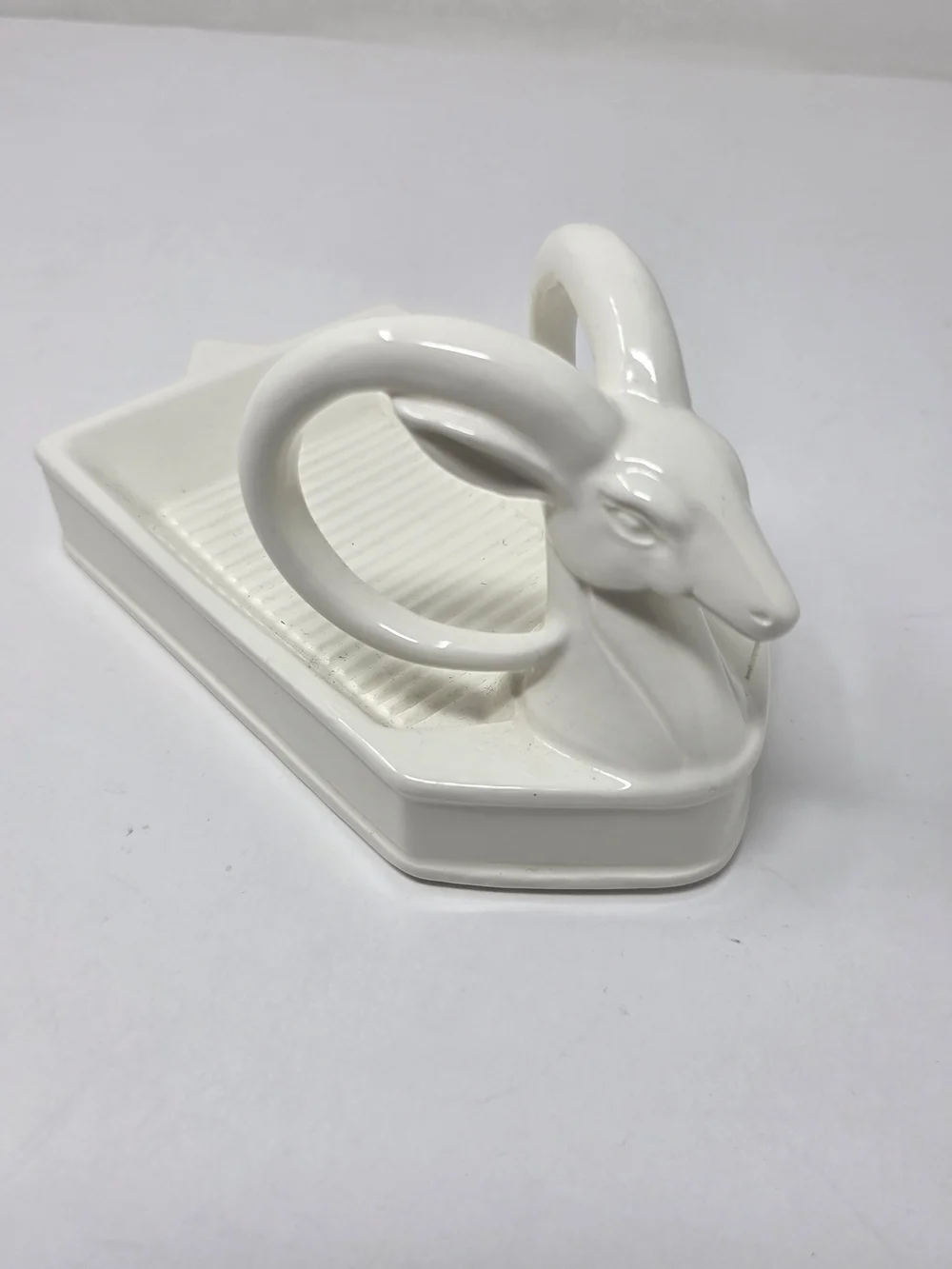 Vintage White Ceramic long horn sheep large soap dish / trinket tray 7